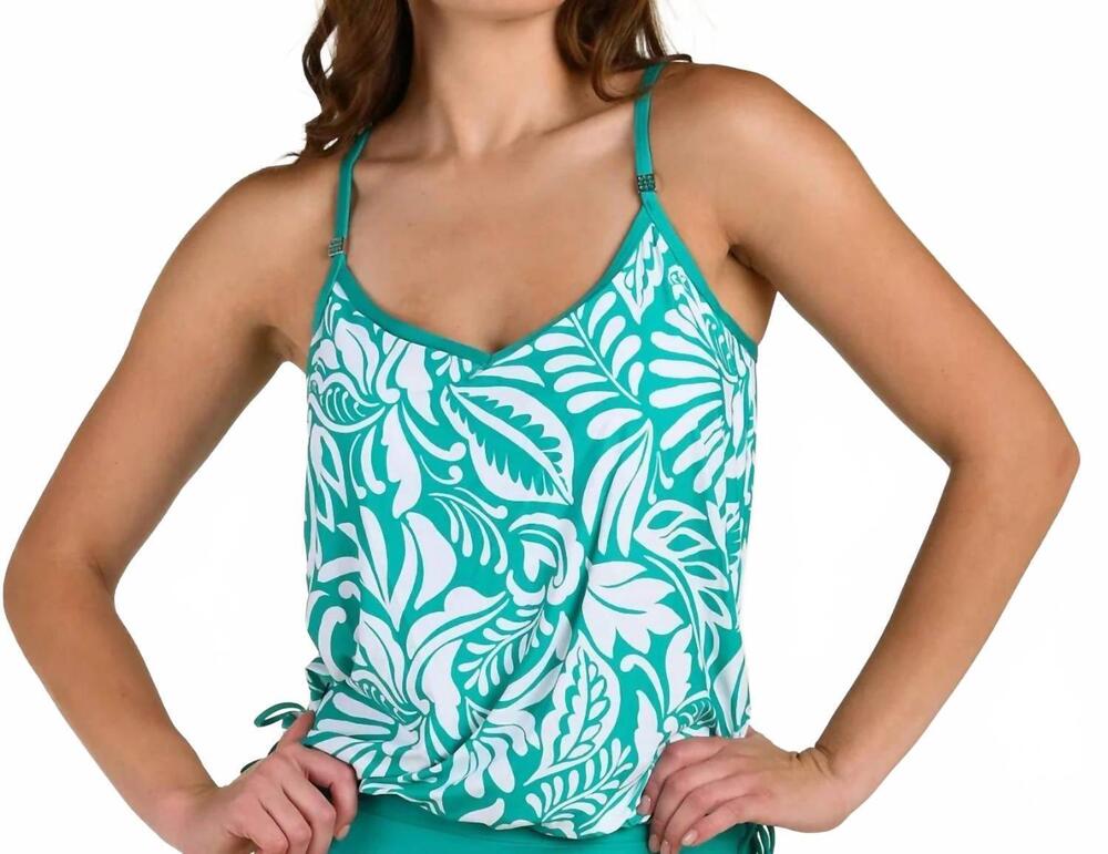 NEW 24TH & OCEAN underwire v-neck blouson tankini top in ornate emerald